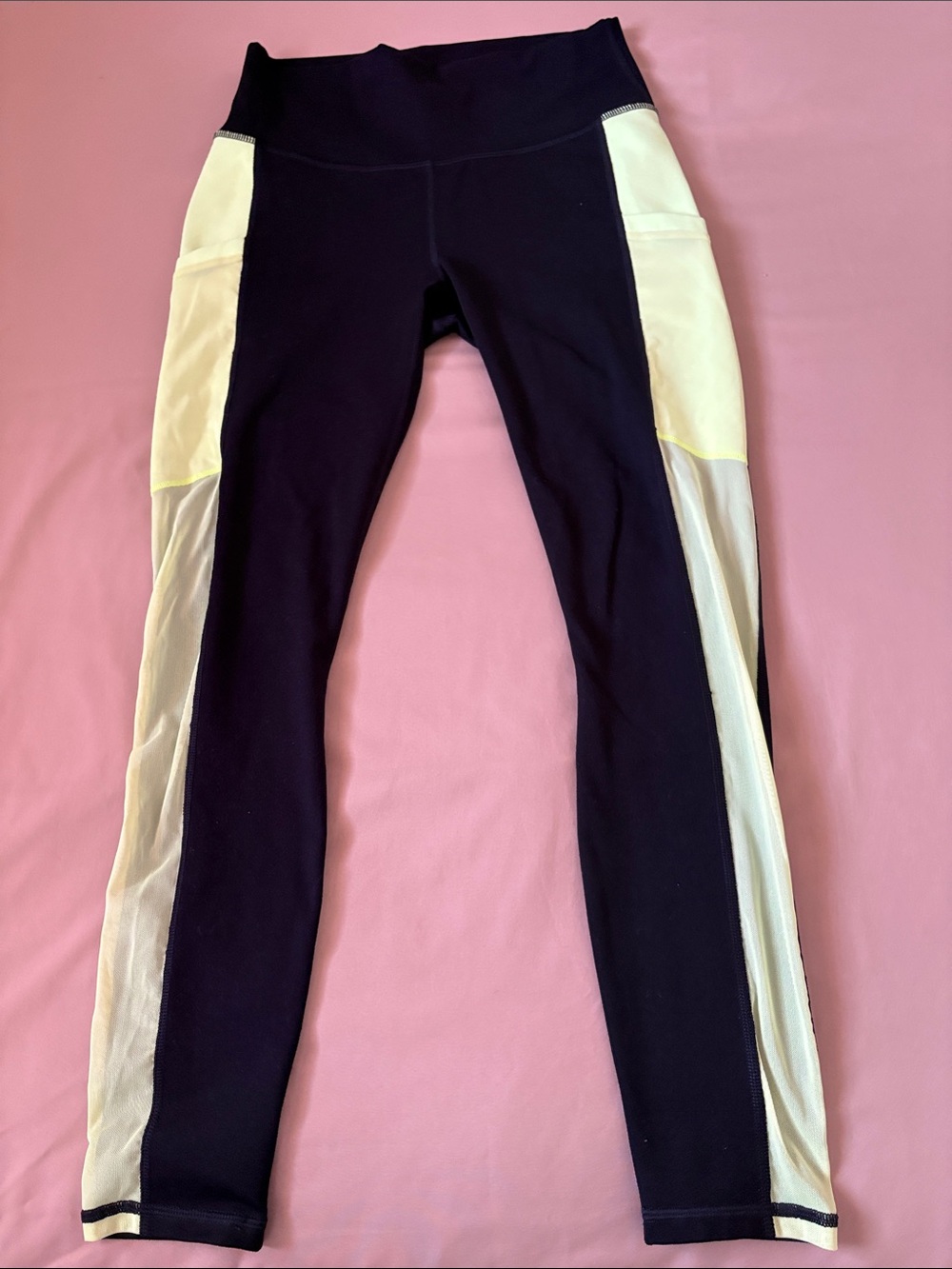 Fabletics Black Leggings with Highlight Yellow Green Side Panels